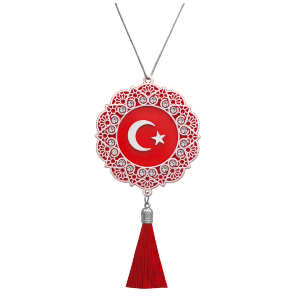 maskot-turk-bayragi-beyaz-krista Maskot Türk Bayrağı (Beyaz - Kristal Taş - Püsküllü-7cm) - 5'li Paket - Görsel 1