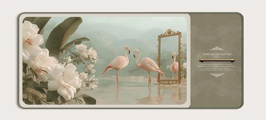 GOLET-~1 Gölet Manzaralı Flamingolar & Beyaz Çiçekli Yatay Dekoratif Tablo 60x140 cm (C4) - Görsel 1