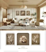 Çizgisel Zarafet ve Beyaz Çiçekler 3'lü Dekoratif Dijital Baskı Tablo Seti (60x80 cm)-(80x80 cm)-(60x80 cm) (GM18) - Görsel 2