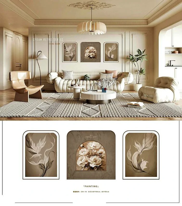Çizgisel Zarafet ve Beyaz Çiçekler 3'lü Dekoratif Dijital Baskı Tablo Seti (60x80 cm)-(80x80 cm)-(60x80 cm) (GM18) - Görsel 2
