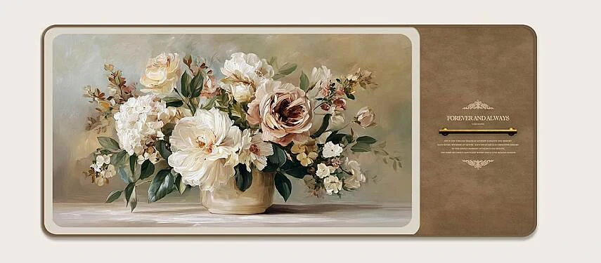 klasik-yagli-boya-efektli-vazoda-krem-sakayik-ve-g Klasik Yağlı Boya Efektli Vazoda Krem Şakayık ve Gül Buketi Yatay Dekoratif Tablo 60x140 cm (C35) - Görsel 1