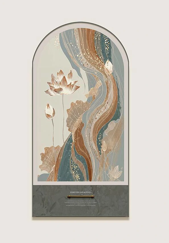 soyut-lotus-cicegi-altin-isiltili-kemerli-dikey-de Soyut Lotus Çiçeği & Altın Işıltılı Kemerli Dikey Dekoratif Tablo 80x160 cm (x10) - Görsel 1