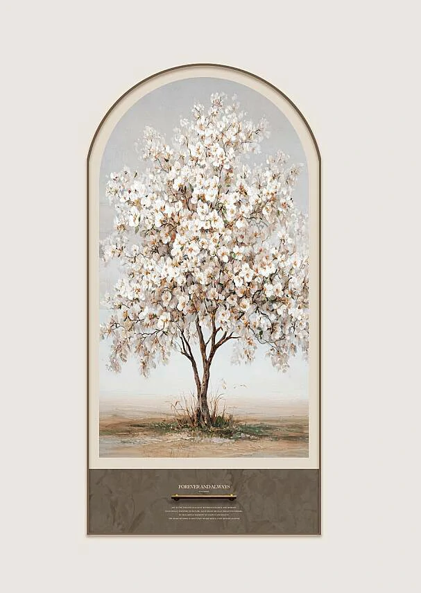yagli-boya-efektli-beyaz-cicekli-bahar-agaci-kemerli-dikey-d Yağlı Boya Efektli Beyaz Çiçekli Bahar Ağacı Kemerli Dikey Dekoratif Tablo 80x160 cm (x6) - Görsel 1